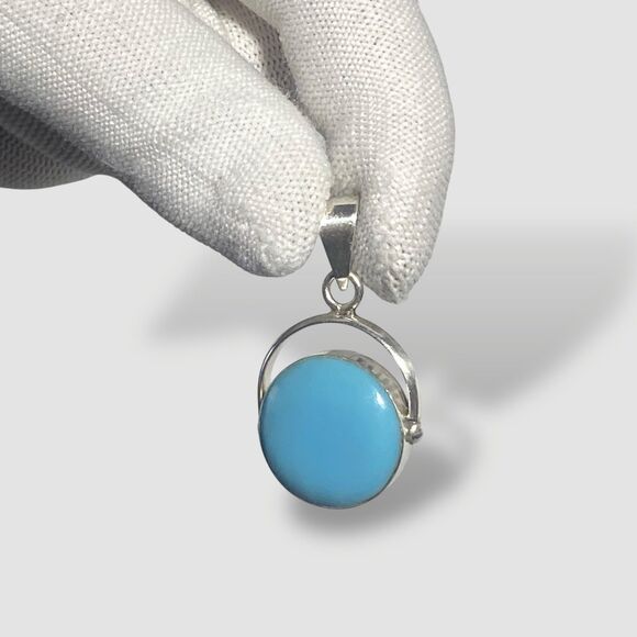 925 Sterling Silver Turquoise Natural Stone Round Pendant Women Vintage Jewelry - Picture 7 of 9